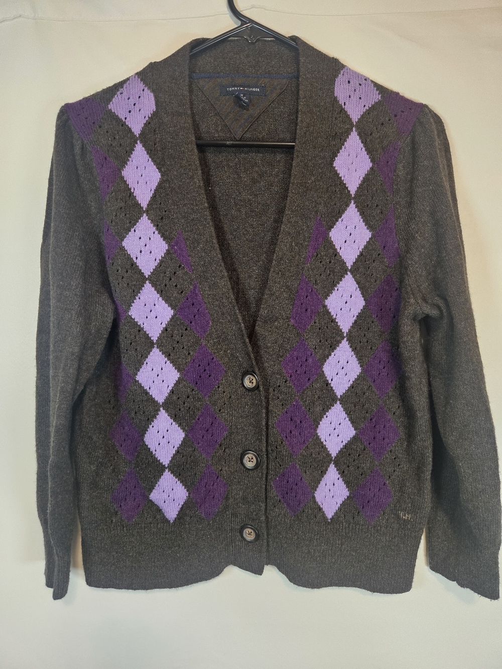Tommy Hilfiger Brown Cardigan with Purple Argyle Panels